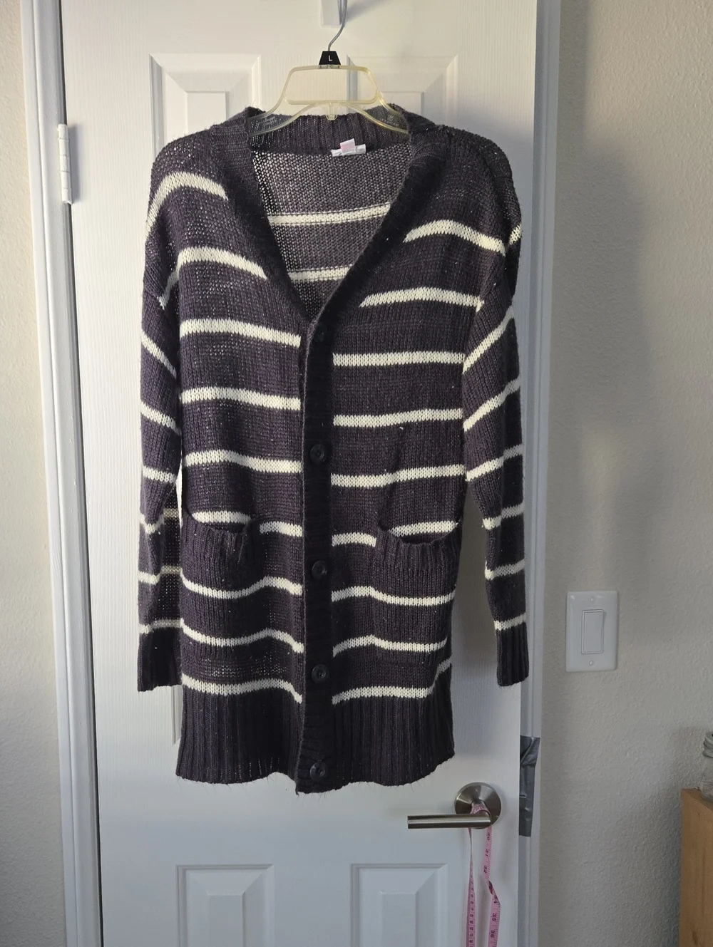 LuLaRoe Charcoal and White Striped Button Cardigan- Oversized Small